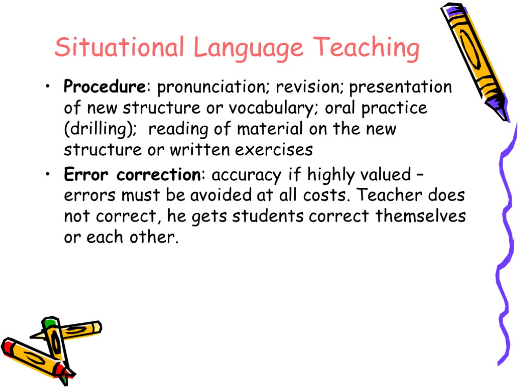 Situational Language Teaching Procedure: pronunciation; revision; presentation of new structure or vocabulary; oral practice